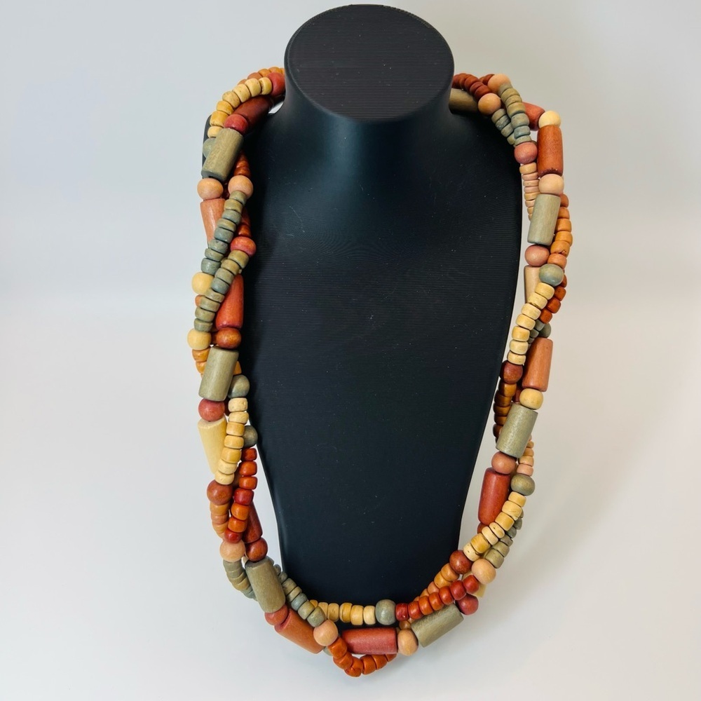 Vintage Boho Wooden Bead Necklace Earth Tone Statement Jewelry